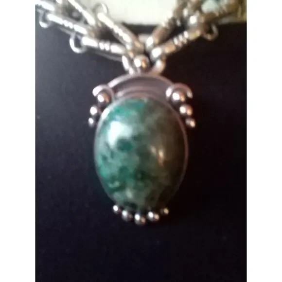 Hector Aguilar Taxco 940 Sterling Silver Necklace W/Malachite Pendant & Earrings